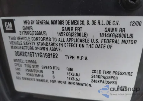 2001 GMC Yukon Xl 1500 Slt z USA, uszkodzony, nr VIN 3GKEC16T11G199162